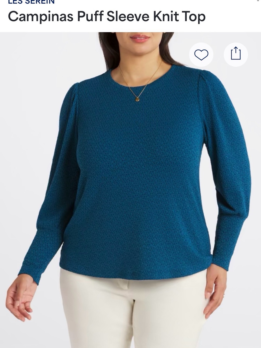 LES SEREIN Campinas Puff Sleeve Knit Top Blue Textured Blouse 2X